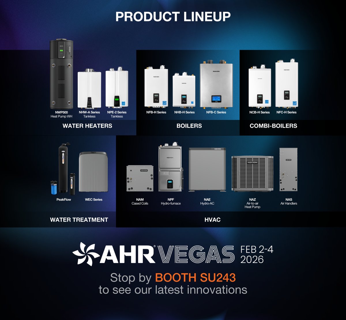 Product lineup graphic featuring Navien water heaters, boilers, combi boilers, water treatment systems, and HVAC equipment, with AHR Expo Vegas 2026 branding, dates February 2 to 4, and booth SU243.